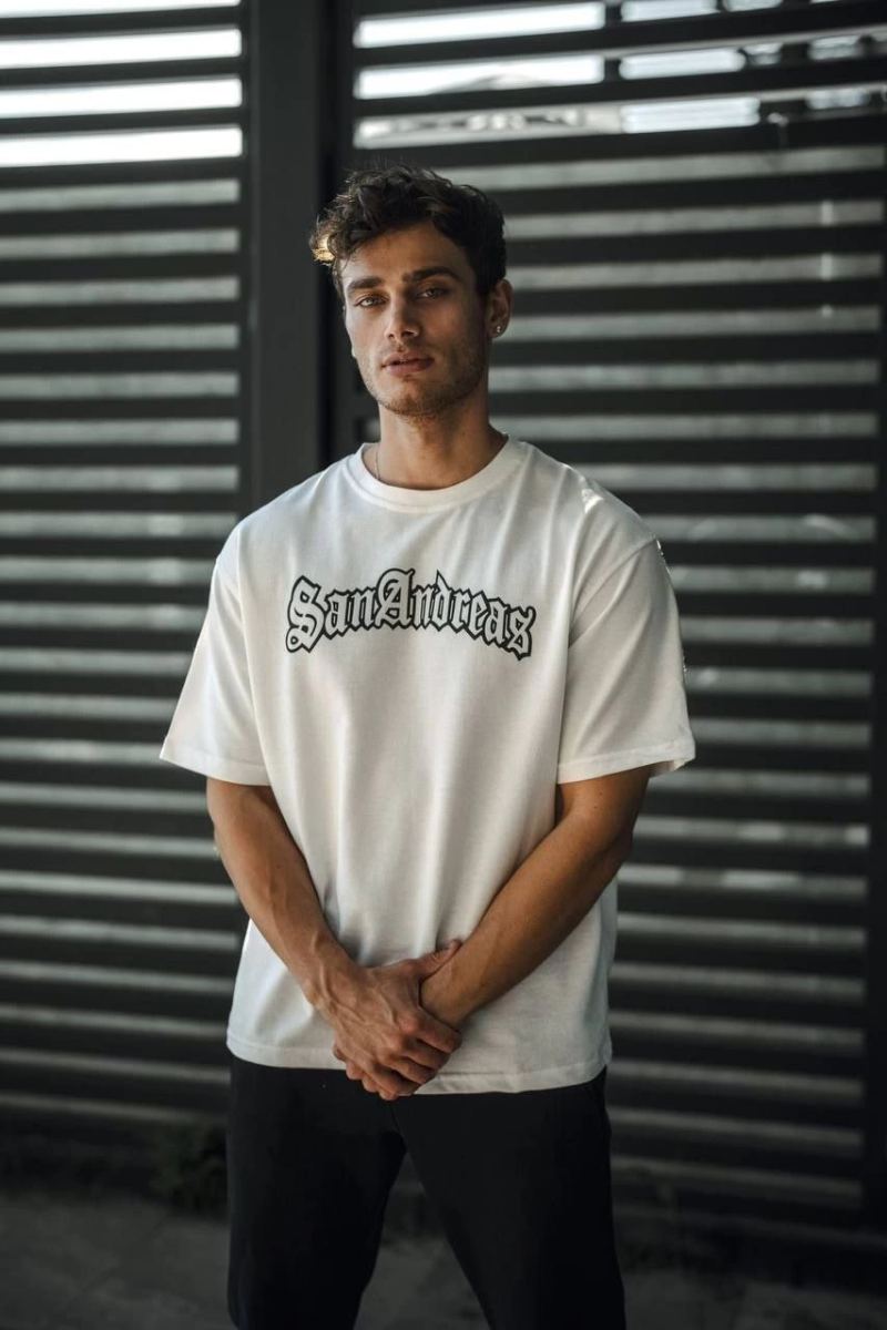 Erkek Kısa Kol Yazlık Tişört Bisiklet Yaka Baskılı Oversize T-Shirt - Beyaz