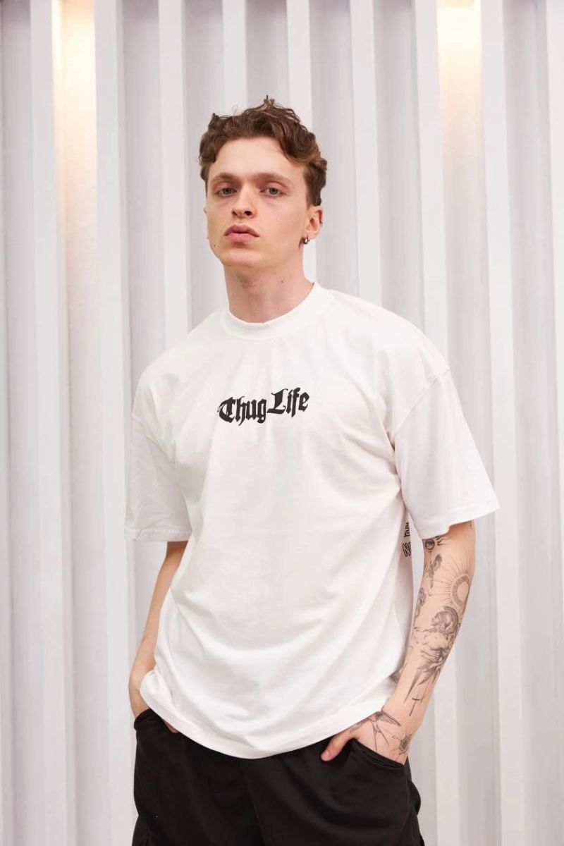 Erkek Kısa Kol Yazlık Tişört Bisiklet Yaka Baskılı Oversize T-Shirt - Beyaz