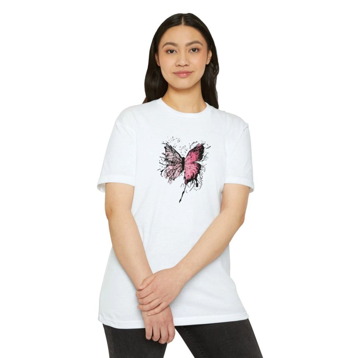 Kadın Bisiklet Yaka kelebek Baskılı Kısa kol  T-Shirt - Beyaz