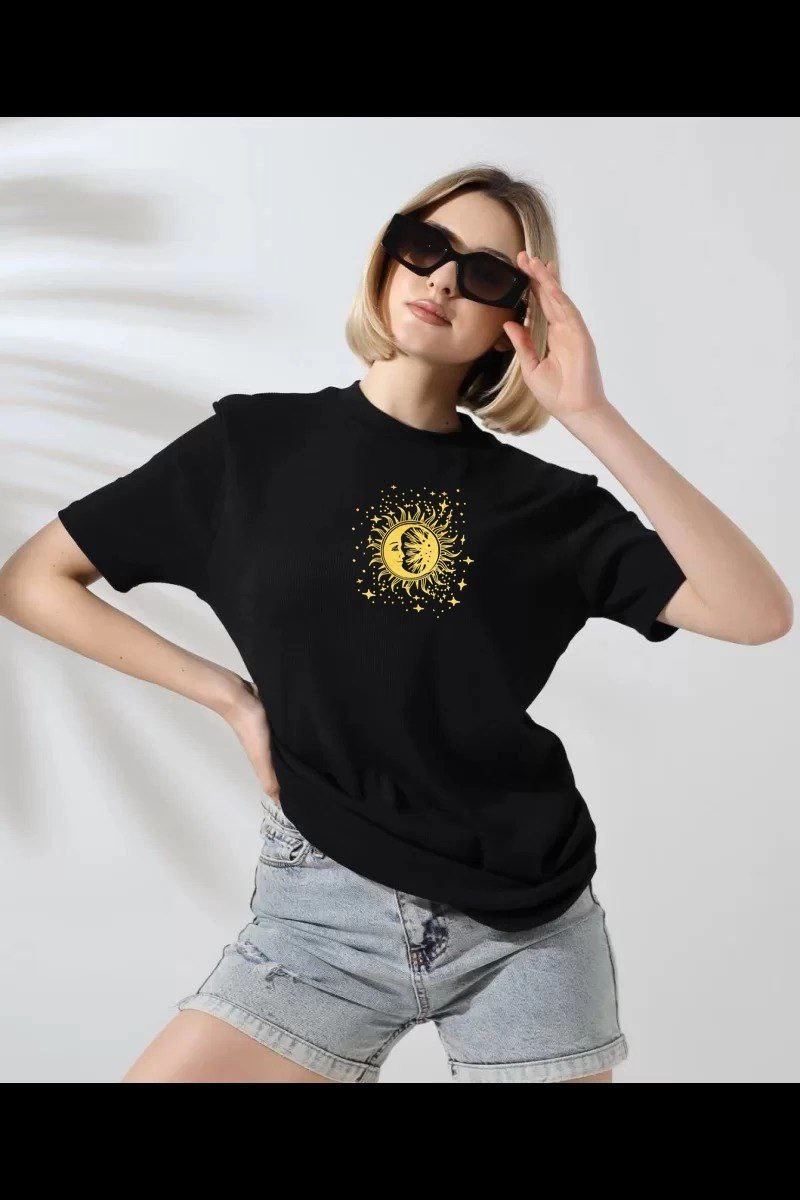 Kadın Bisiklet Yaka Baskılı  Kısa kol T-Shirt - Siyah