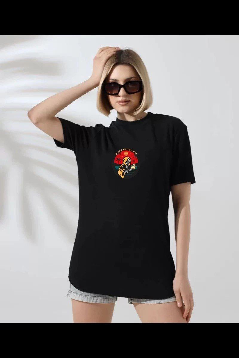 Kadın Bisiklet Yaka Baskılı  kısa kol T-Shirt - Siyah