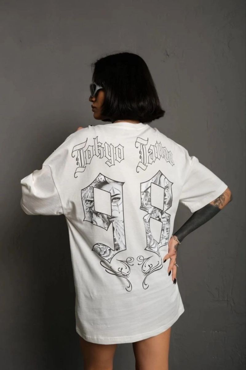 kadın Bisiklet Yaka Baskılı Oversize Kısa kol  T-Shirt - Beyaz