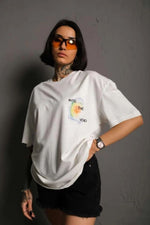 kadın Bisiklet Yaka Baskılı Oversize Kısa kol T-Shirt - Beyaz