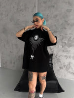 kadın Bisiklet Yaka Baskılı Oversize  Kısa kol T-Shirt - Siyah