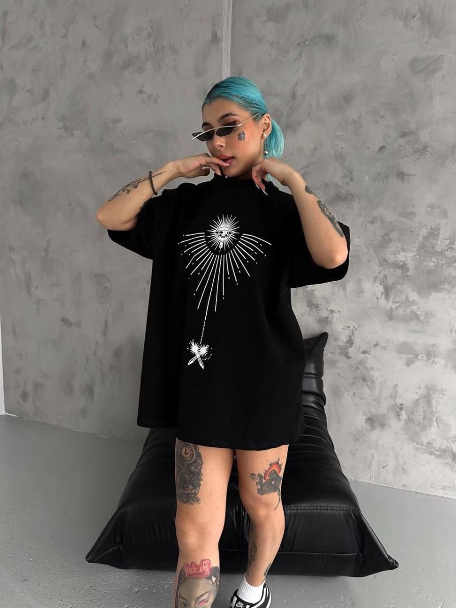kadın Bisiklet Yaka Baskılı Oversize  Kısa kol T-Shirt - Siyah