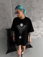 kadın Bisiklet Yaka Baskılı Oversize  Kısa kol T-Shirt - Siyah