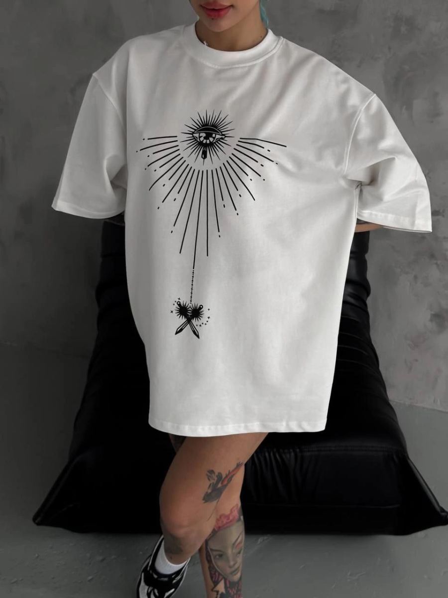 kadın Bisiklet Yaka Baskılı Oversize  Kısa kol T-Shirt - Beyaz