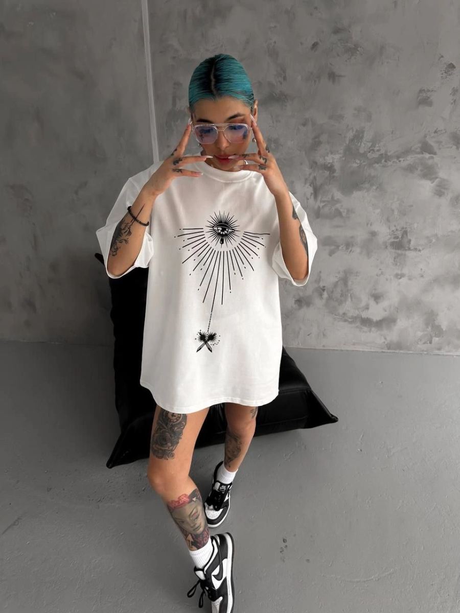 kadın Bisiklet Yaka Baskılı Oversize  Kısa kol T-Shirt - Beyaz