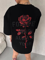 kadın Bisiklet Yaka Baskılı Oversize  Kısa kol T-Shirt - Siyah