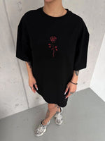 kadın Bisiklet Yaka Baskılı Oversize  Kısa kol T-Shirt - Siyah