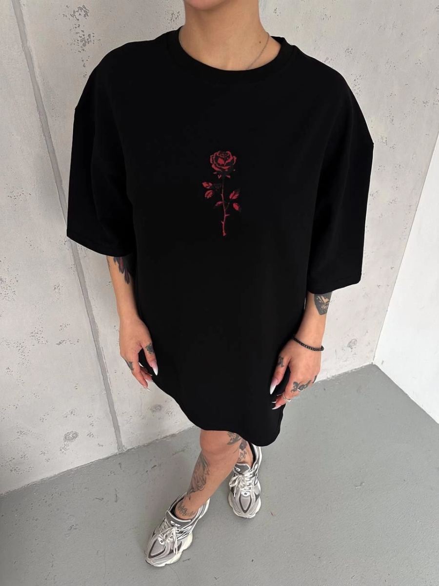 kadın Bisiklet Yaka Baskılı Oversize  Kısa kol T-Shirt - Siyah