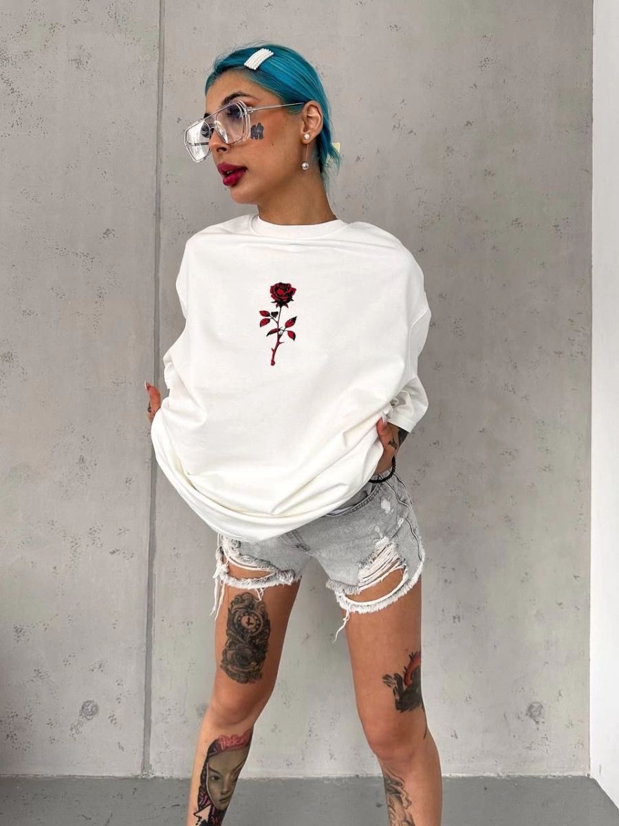 kadın Bisiklet Yaka Baskılı Oversize Kısa kol  T-Shirt - Beyaz