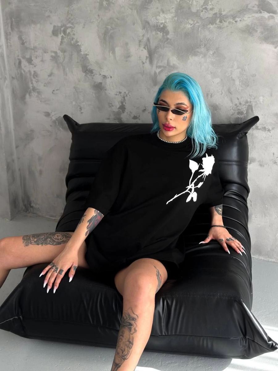kadın Bisiklet Yaka Baskılı Oversize  Kısa kol T-Shirt - Siyah