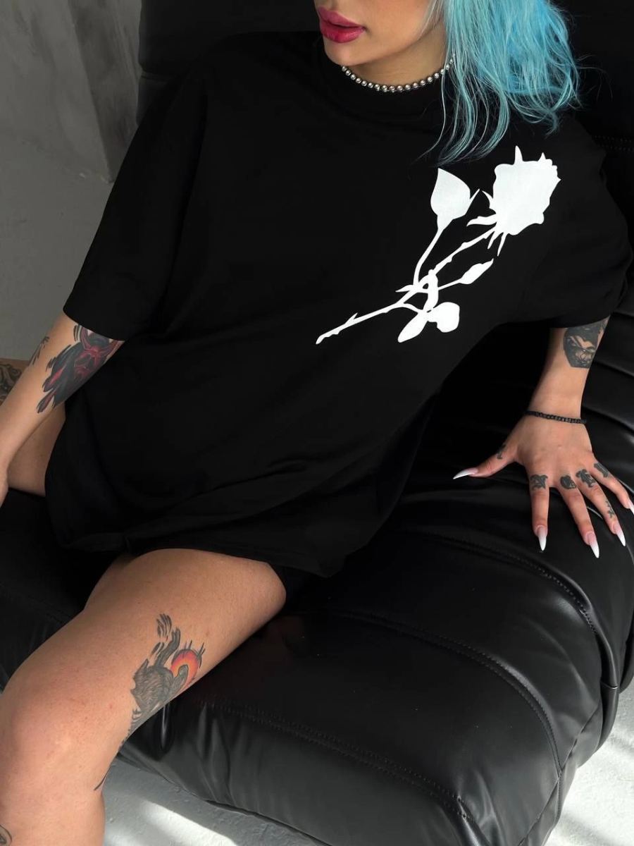 kadın Bisiklet Yaka Baskılı Oversize  Kısa kol T-Shirt - Siyah