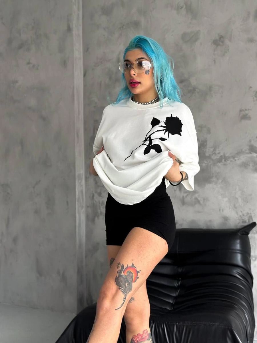 kadın Bisiklet Yaka Baskılı Oversize  Kısa kol T-Shirt - Beyaz