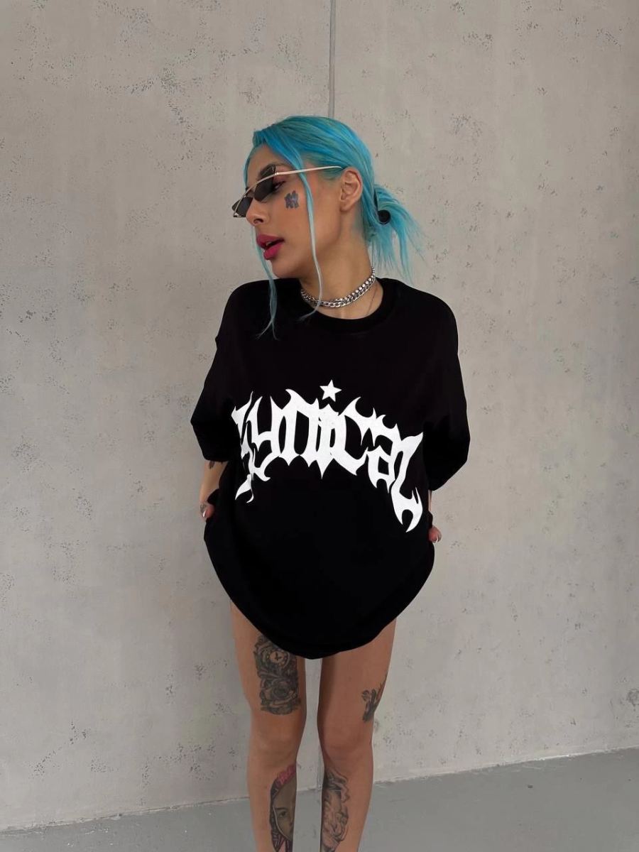 kadın Bisiklet Yaka Baskılı Oversize Kısa kol  T-Shirt - Siyah