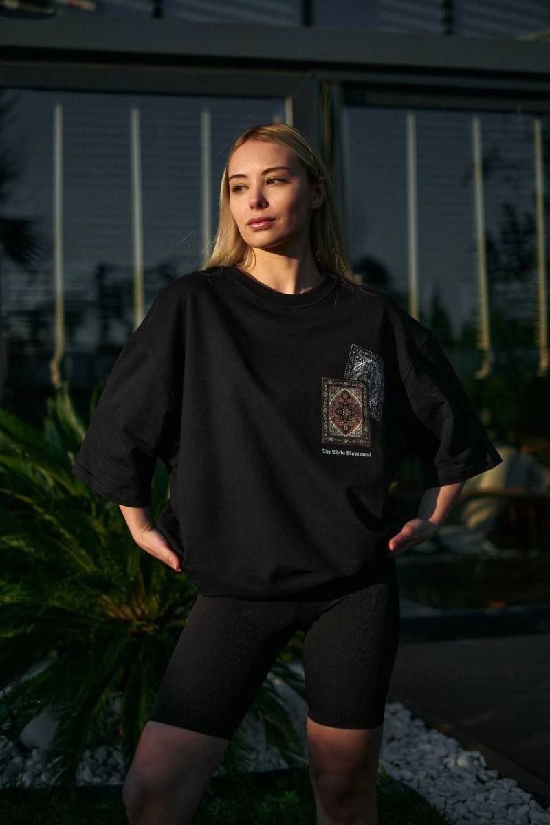 kadın Bisiklet Yaka Baskılı  Kısa kol Oversize T-Shirt - Siyah