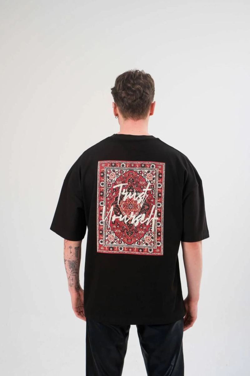 Erkek Kısa Kol Yazlık Tişört Bisiklet Yaka Baskılı Oversize T-Shirt - Siyah