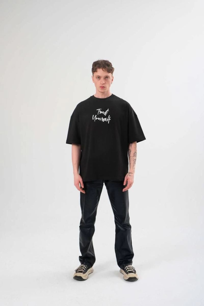 Erkek Kısa Kol Yazlık Tişört Bisiklet Yaka Baskılı Oversize T-Shirt - Siyah