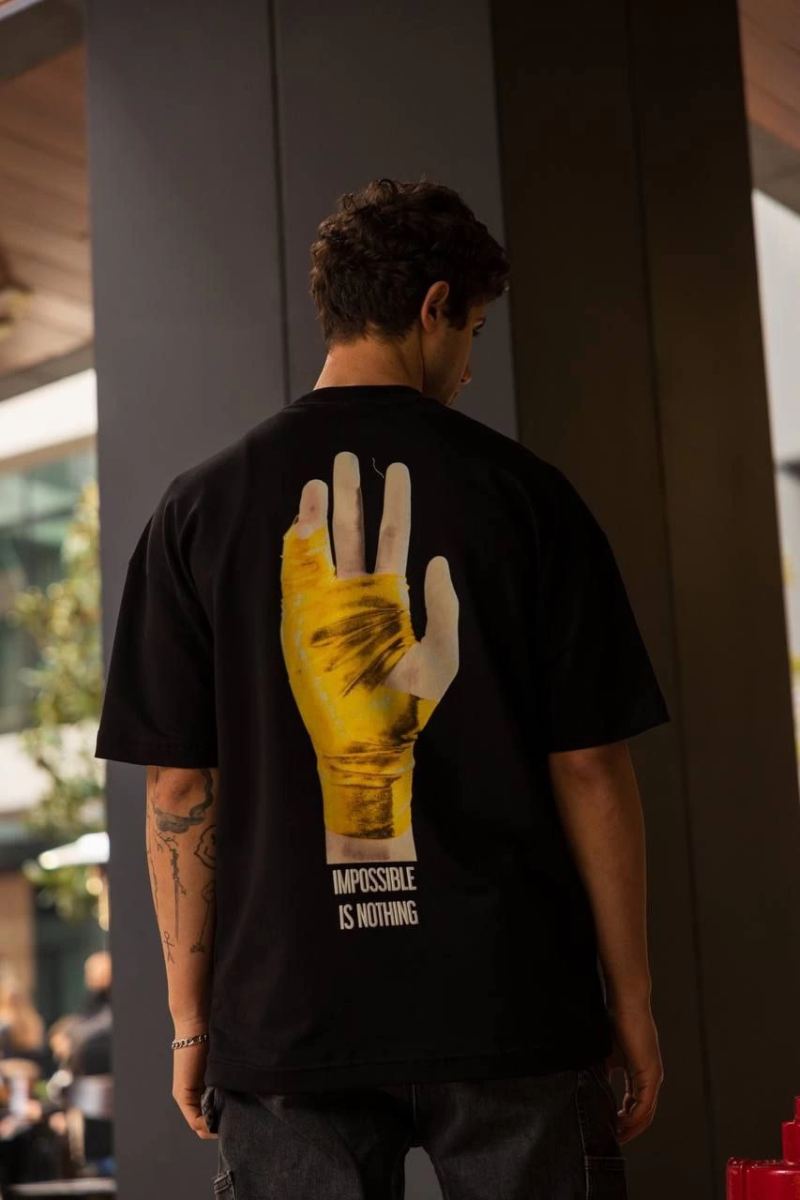 Erkek Kısa Kol Yazlık Tişört Bisiklet Yaka Baskılı Oversize T-Shirt - Siyah