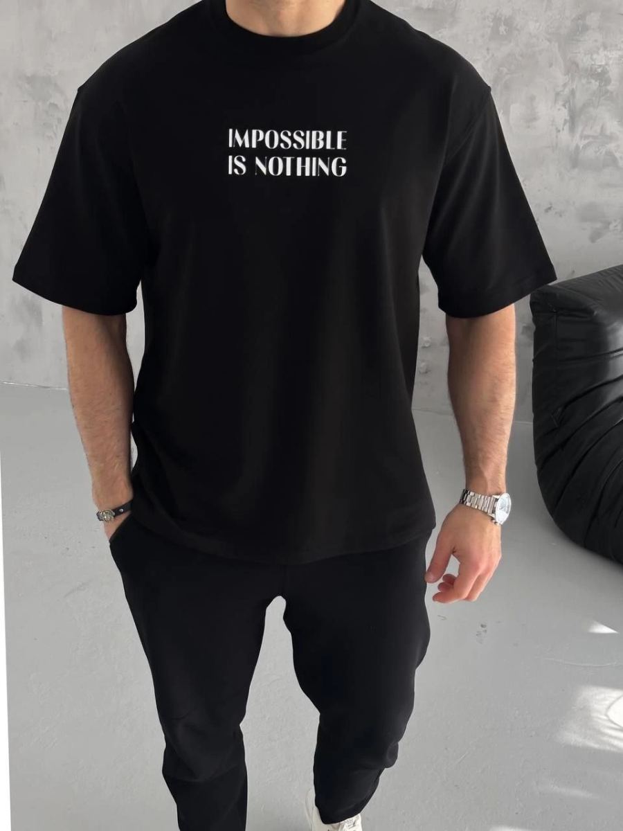 Erkek Tişört Bisiklet Yaka Baskılı Oversize Kısa kol T-Shirt - Siyah