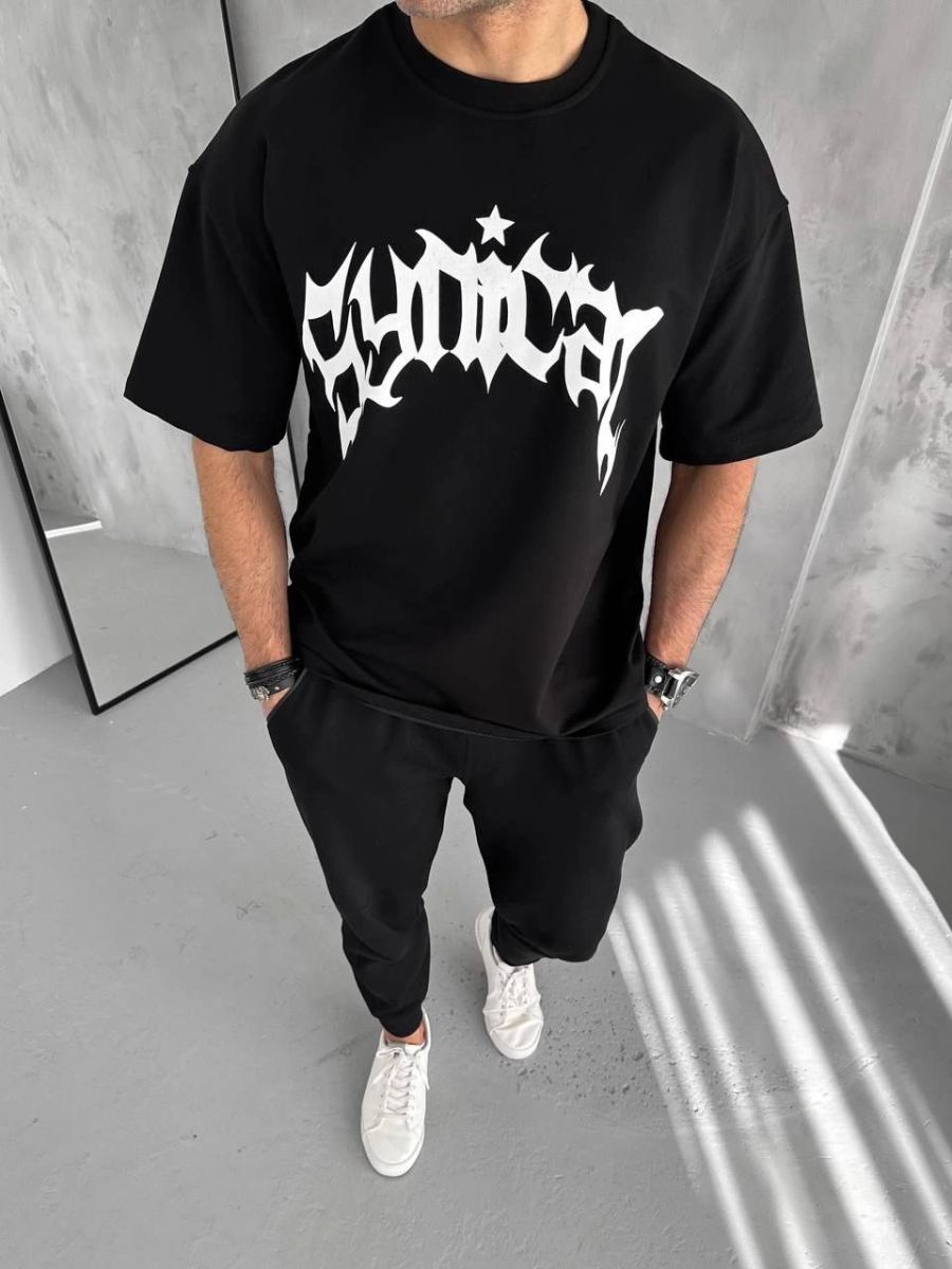 Erkek Tişört Bisiklet Yaka Baskılı Oversize Kısa kol T-Shirt - Siyah