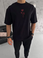 Erkek Bisiklet Yaka Baskılı Oversize  Kısa kol T-Shirt - Siyah