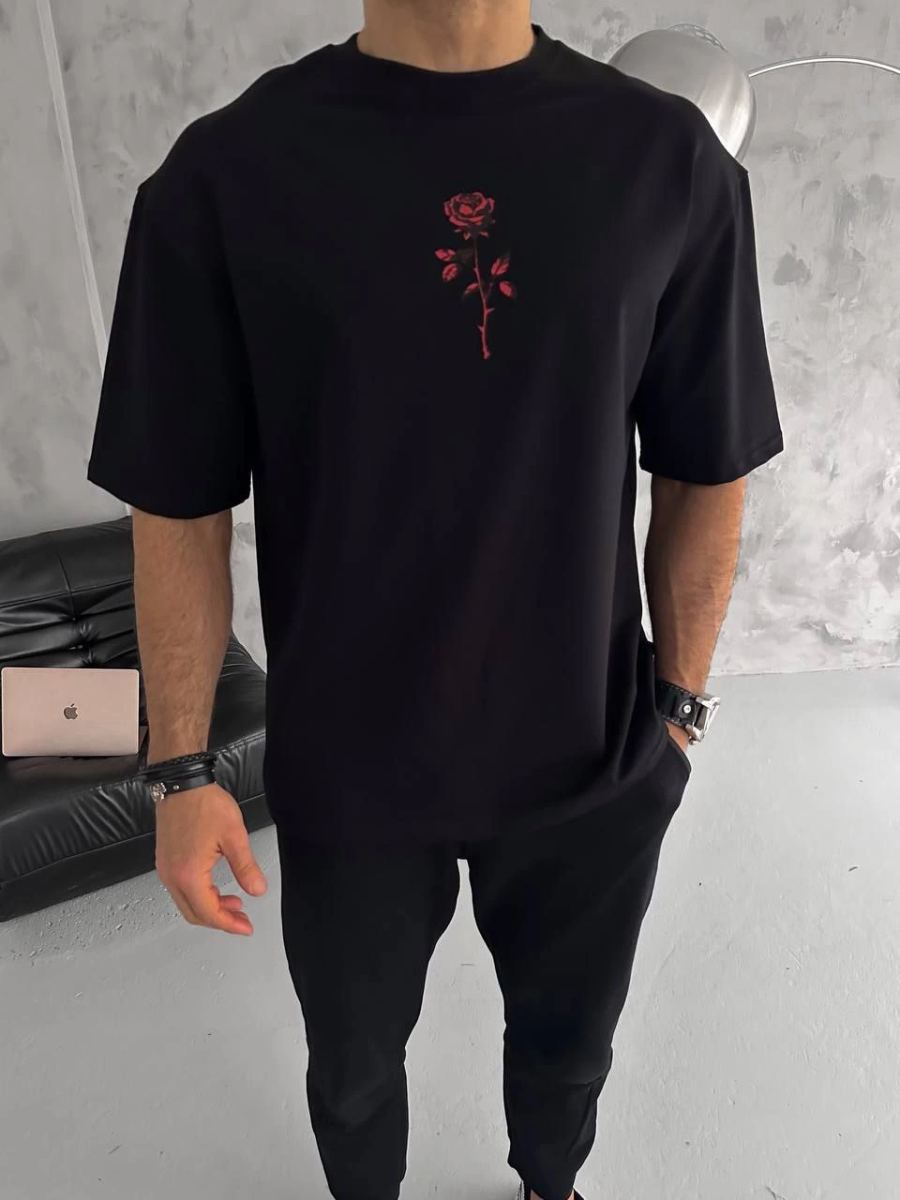 Erkek Bisiklet Yaka Baskılı Oversize  Kısa kol T-Shirt - Siyah