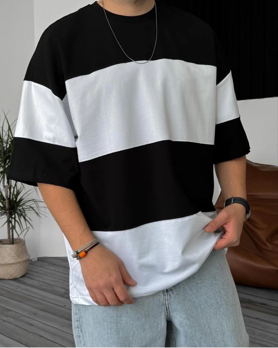 Erkek Bisiklet Yaka Parçalı  Kısa kol T-Shirt - Siyah