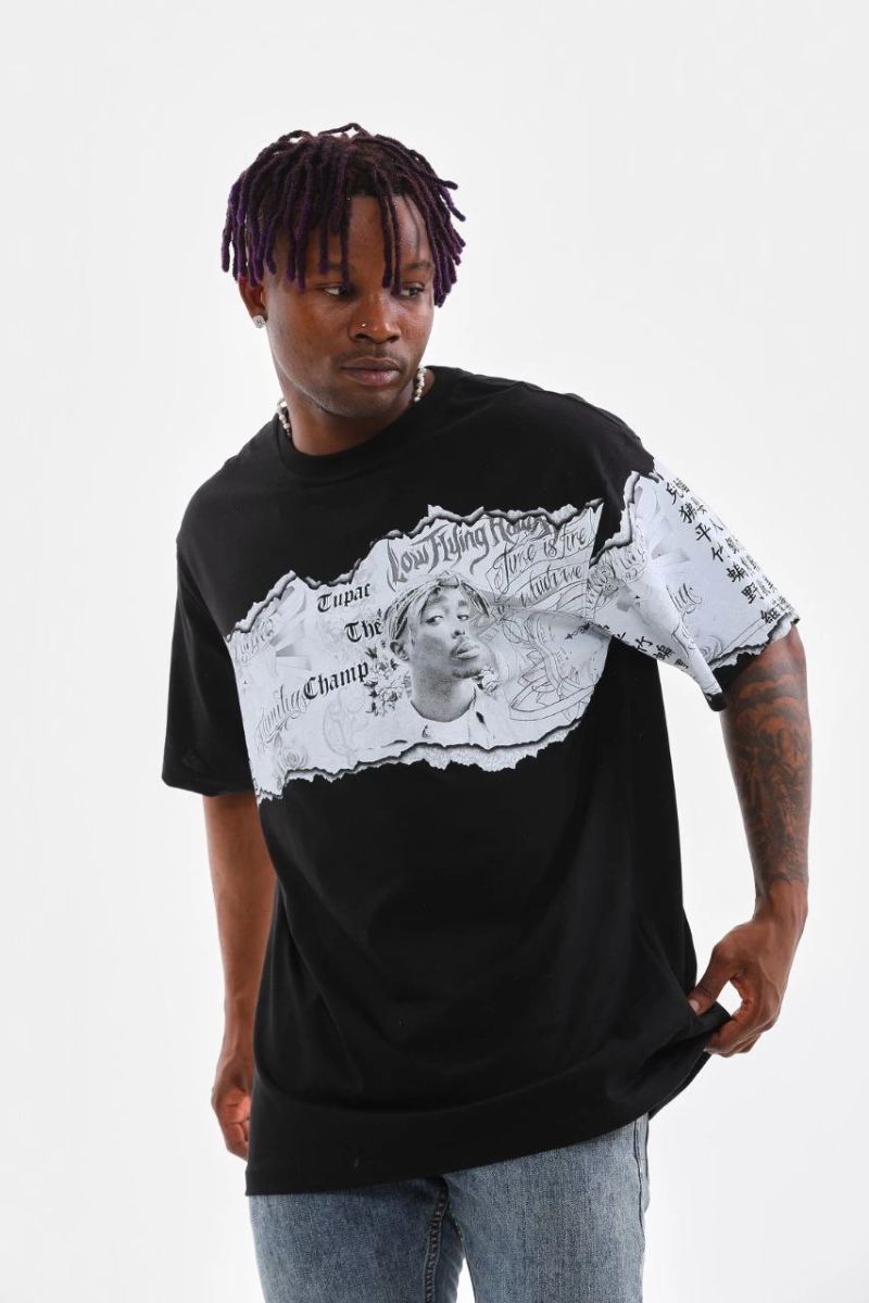 Erkek  Bisiklet Yaka Baskılı Oversize T-Shirt - Siyah