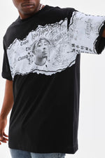 Erkek  Bisiklet Yaka Baskılı Oversize T-Shirt - Siyah