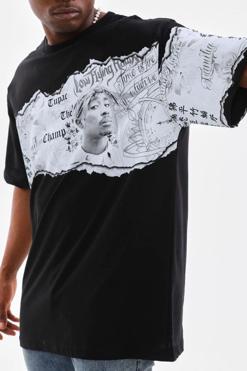 Erkek  Bisiklet Yaka Baskılı Oversize T-Shirt - Siyah