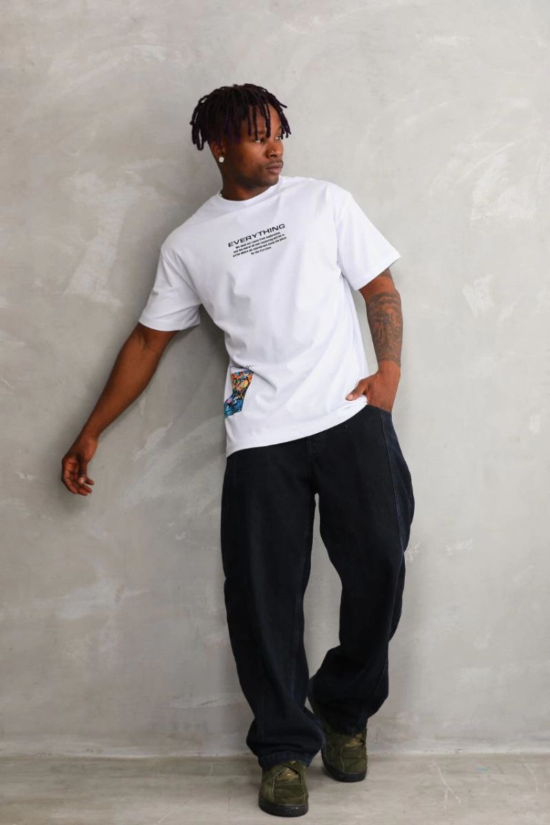 Erkek Bisiklet Yaka Baskılı Oversize T-Shirt - Beyaz