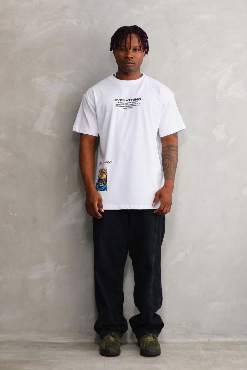 Erkek Bisiklet Yaka Baskılı Oversize T-Shirt - Beyaz