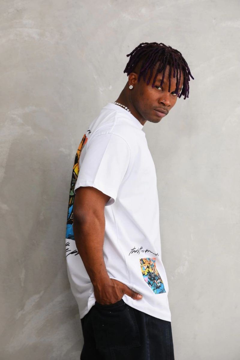 Erkek Bisiklet Yaka Baskılı Oversize T-Shirt - Beyaz