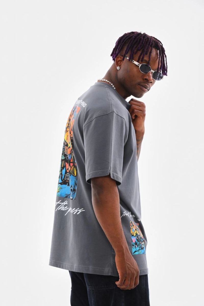 Erkek Tişort  Bisiklet Yaka Baskılı Oversize T-Shirt - Gri