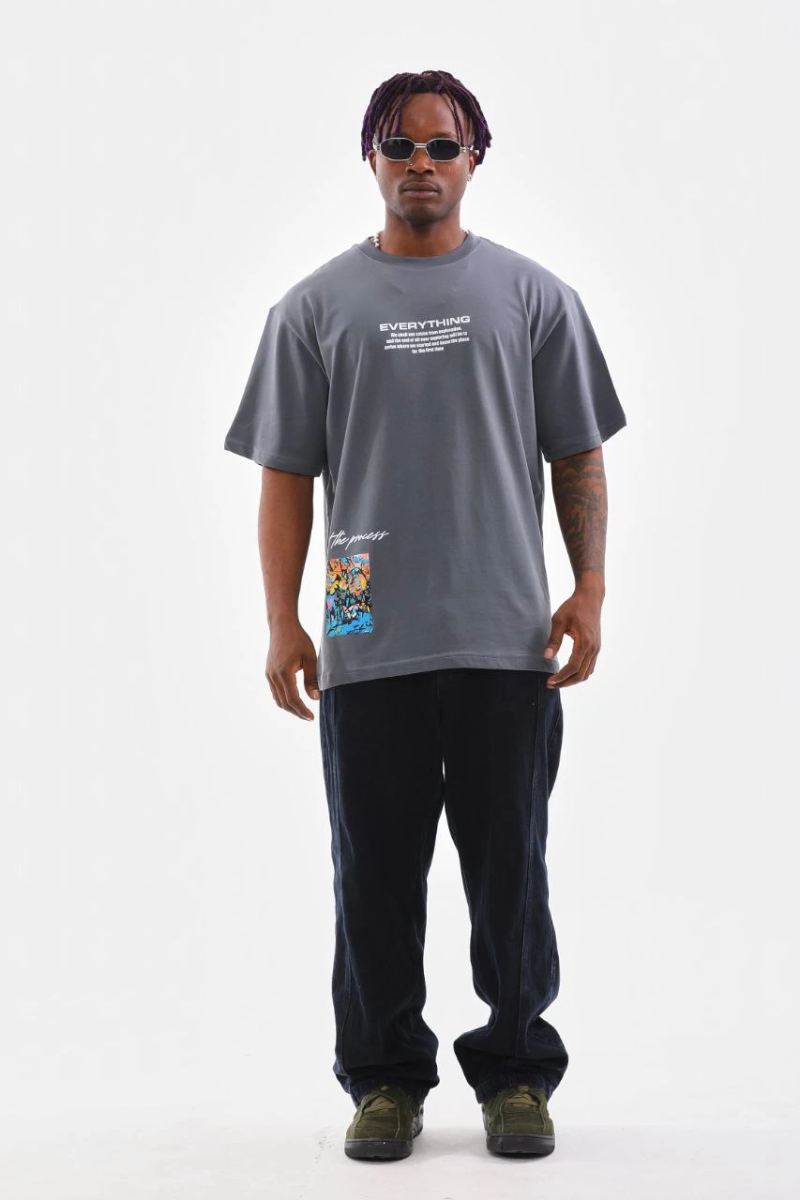 Erkek Tişort  Bisiklet Yaka Baskılı Oversize T-Shirt - Gri