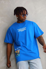 Erkek Bisiklet Yaka Baskılı Oversize T-Shirt - Mavi