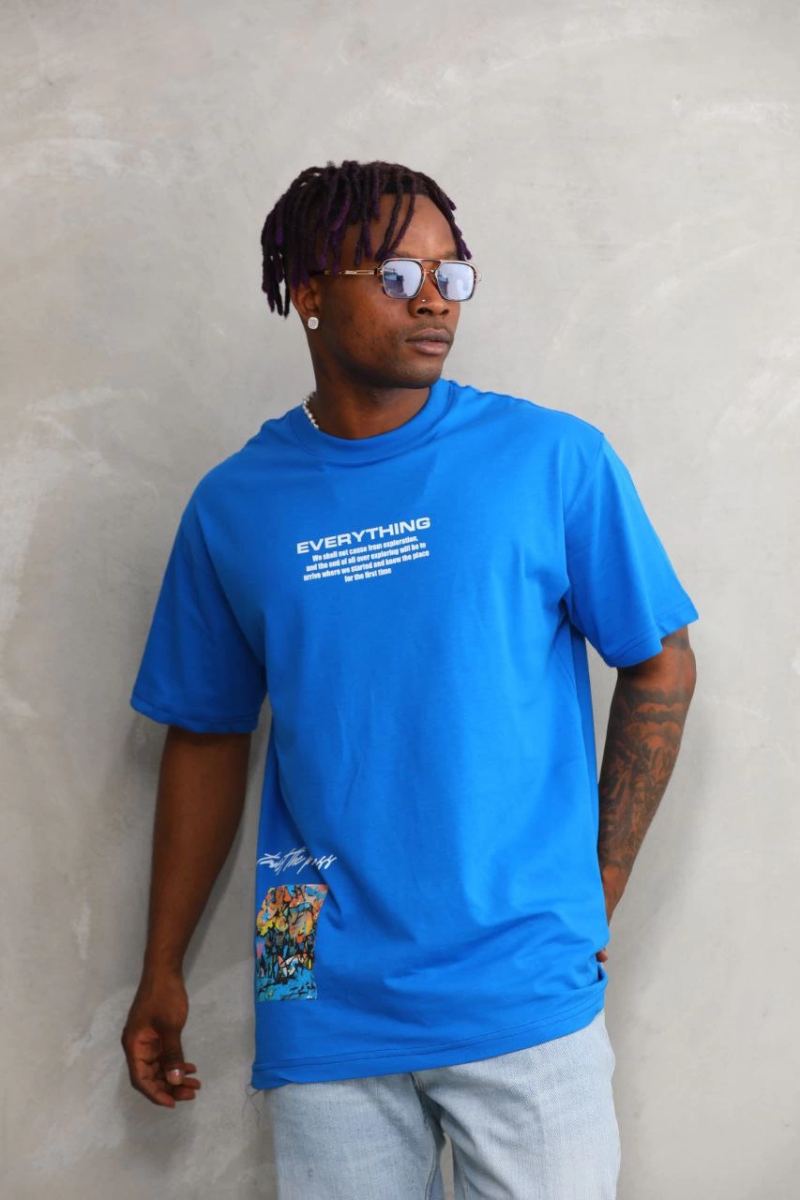 Erkek Bisiklet Yaka Baskılı Oversize T-Shirt - Mavi