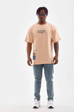 Erkek  Bisiklet Yaka Baskılı Oversize T-Shirt - Bej