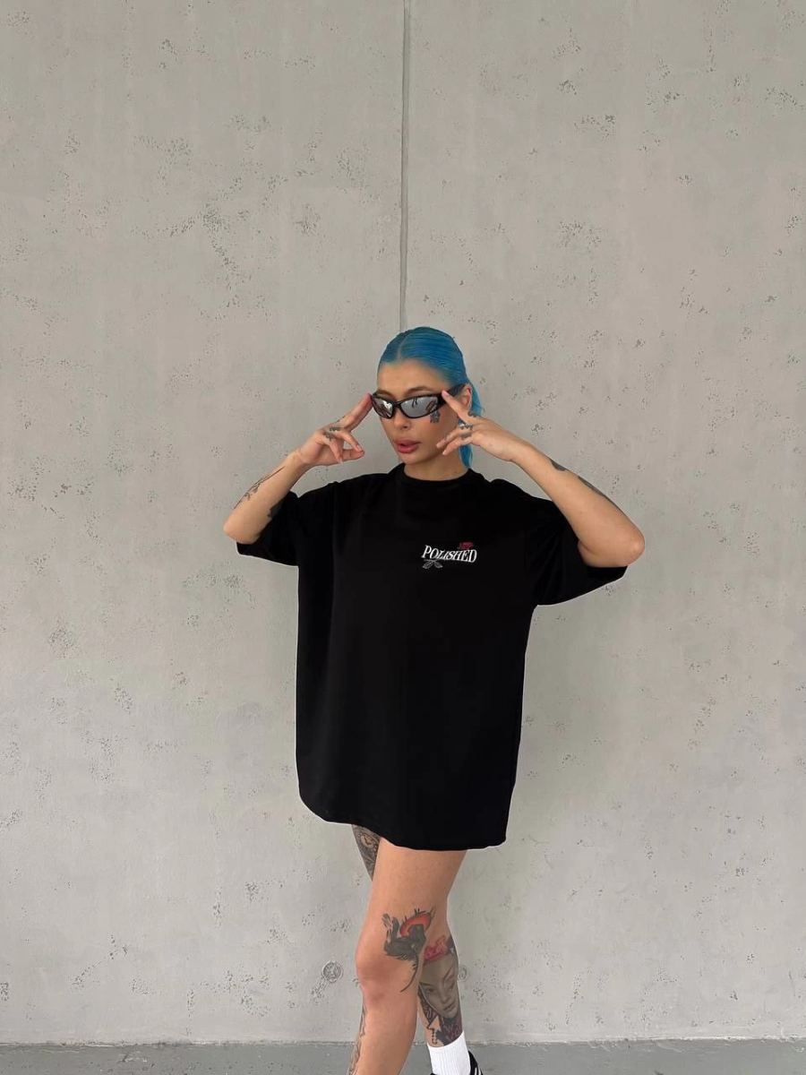 Kadın Bisiklet Yaka Baskılı kısa kol Oversize T-Shirt - Siyah