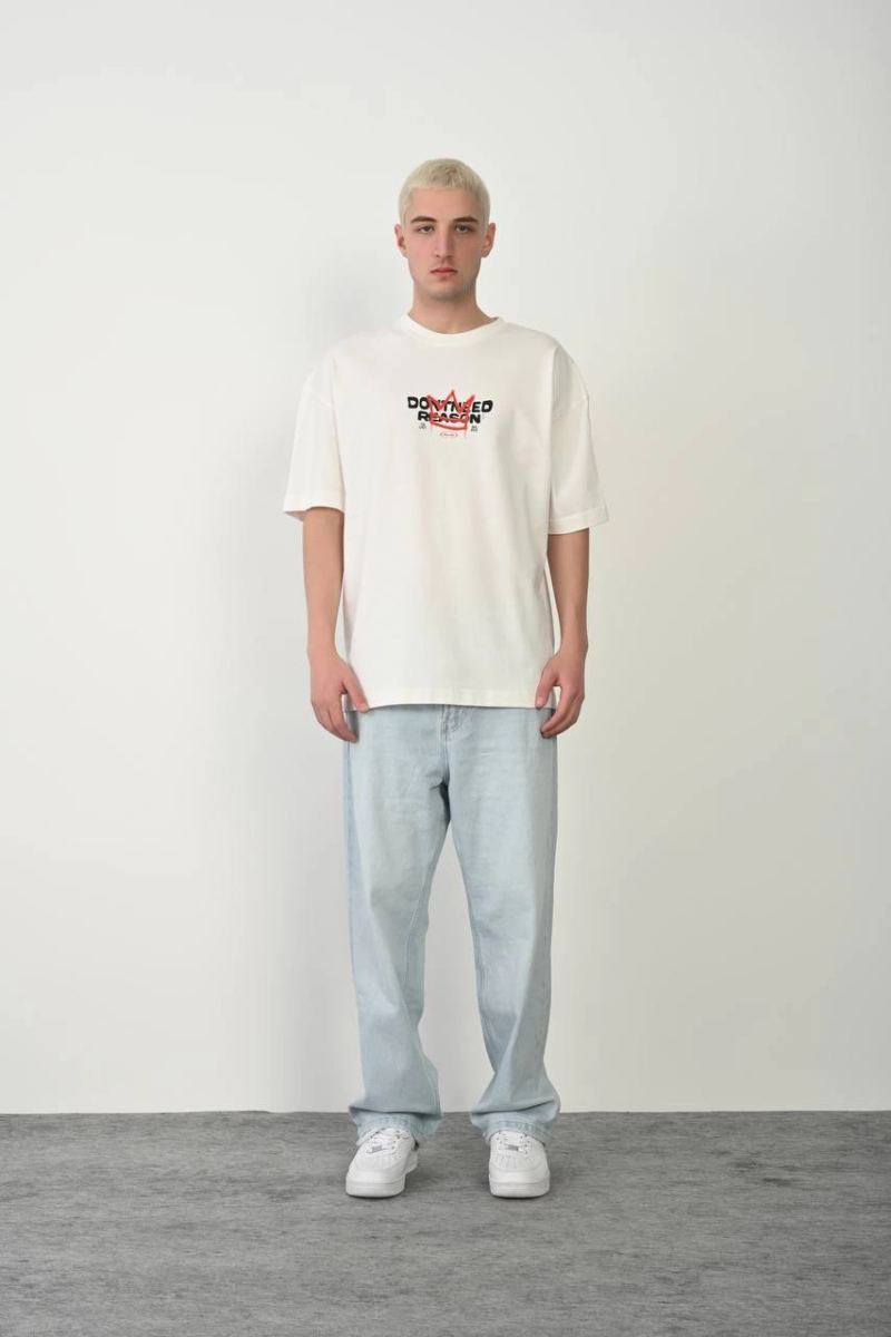 Erkek Kısa Kol Yazlık Tişört Bisiklet Yaka Baskılı Oversize T-Shirt - Beyaz