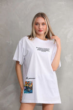 kadın Bisiklet Yaka Baskılı Oversize T-Shirt - Beyaz