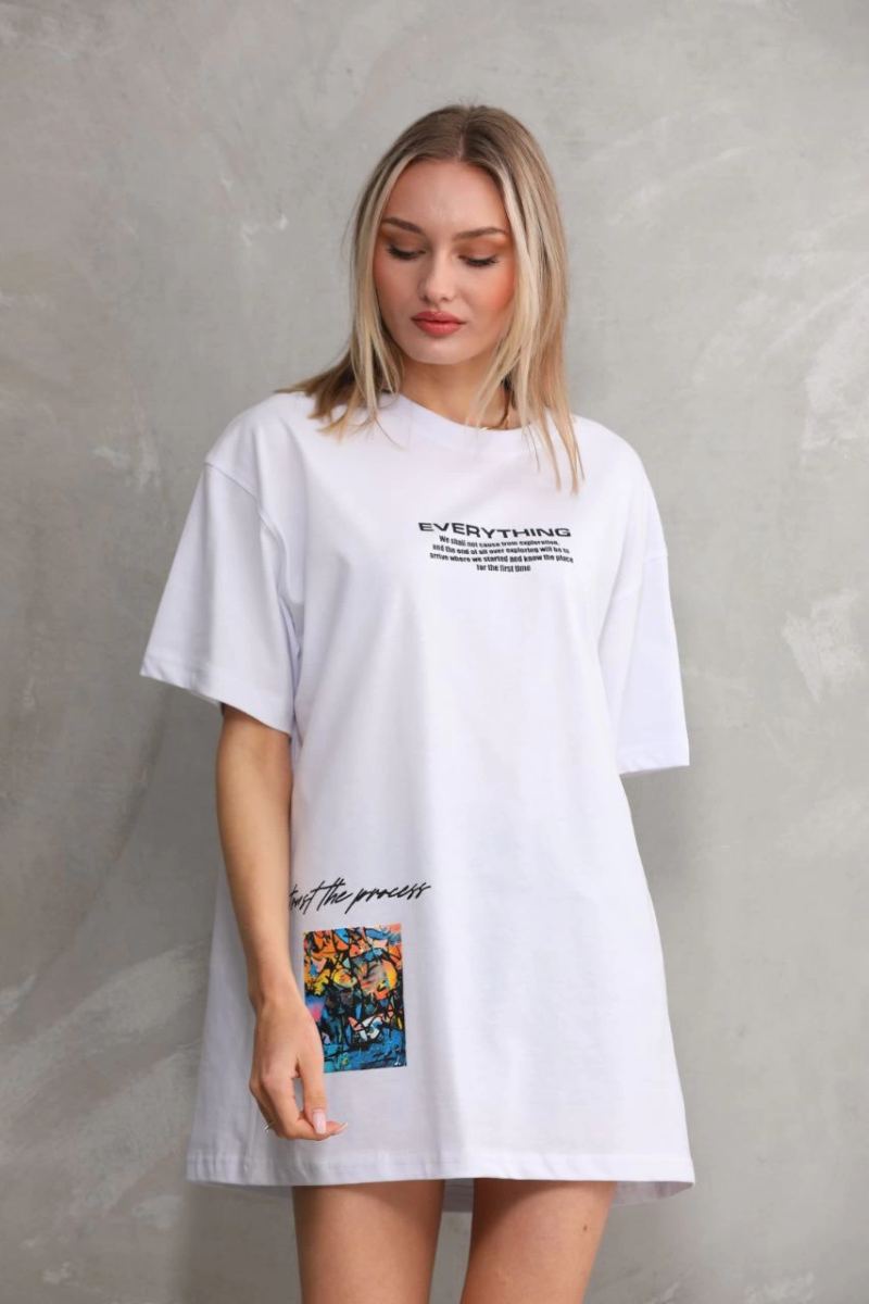 kadın Bisiklet Yaka Baskılı Oversize T-Shirt - Beyaz