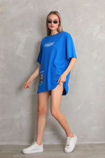 kadın Bisiklet Yaka Baskılı Oversize T-Shirt - Mavi