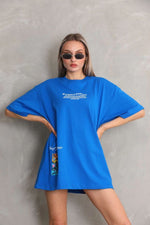 kadın Bisiklet Yaka Baskılı Oversize T-Shirt - Mavi