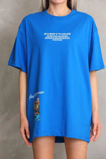 kadın Bisiklet Yaka Baskılı Oversize T-Shirt - Mavi