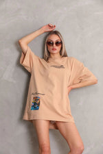 kadın Bisiklet Yaka Baskılı Oversize Kısa kol T-Shirt - Bej