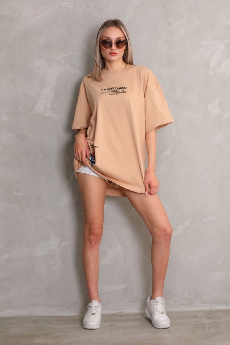 kadın Bisiklet Yaka Baskılı Oversize Kısa kol T-Shirt - Bej