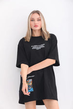 kadın  Bisiklet Yaka Baskılı Oversize T-Shirt - Siyah